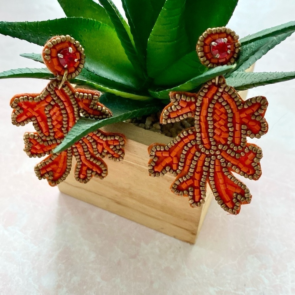 Orange Beaded Leaf Felt Earrings